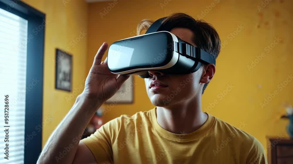 Young Man Fully Immersed in Virtual Reality: Futuristic and Technological Experience with VR Headset Young Man Fully Immersed in Virtual Reality: Futuristic and Technological Experience with VR Headset