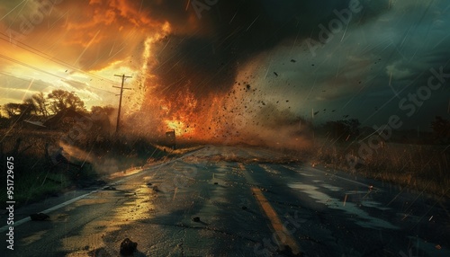 Dramatic Escape from a Huge Tornado on a Rural Road at Sunset