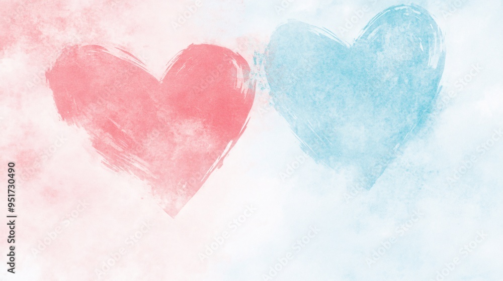Two artistic heart shapes in soft pink and blue hues, symbolizing love and connection. Two artistic heart shapes in soft pink and blue hues, symbolizing love and connection.
