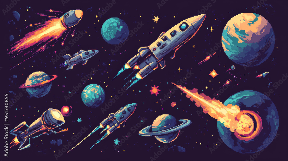 8-bit pixel art space game assets, including galaxy planets, rockets, starcraft, and retro arcade game elements. Features pixel art interface vector buttons, spaceships, stars, explosion sprite effect 8-bit pixel art space game assets, including galaxy planets, rockets, starcraft, and retro arcade game elements. Features pixel art interface vector buttons, spaceships, stars, explosion sprite effect