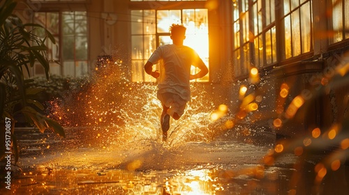 Man Running Through Water in Golden Hour