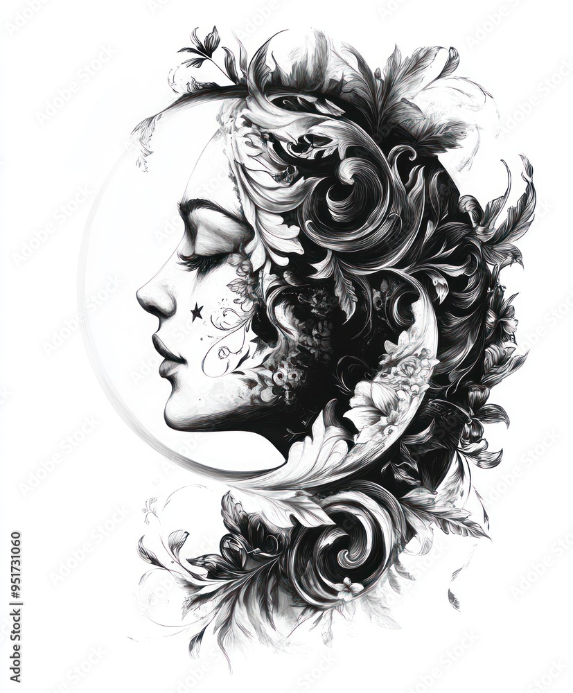 A monochrome artistic depiction of a woman's profile intertwined with floral elements. A monochrome artistic depiction of a woman's profile intertwined with floral elements.