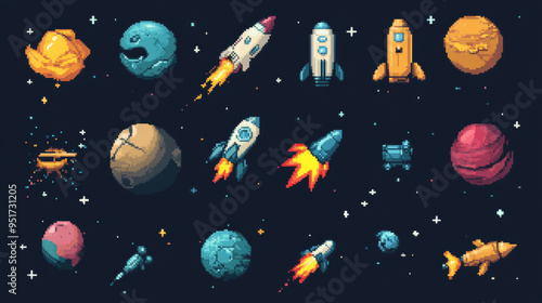 8-bit pixel art space game assets, including galaxy planets, rockets, starcraft, and retro arcade game elements. Features pixel art interface vector buttons, spaceships, stars, explosion sprite effect photo