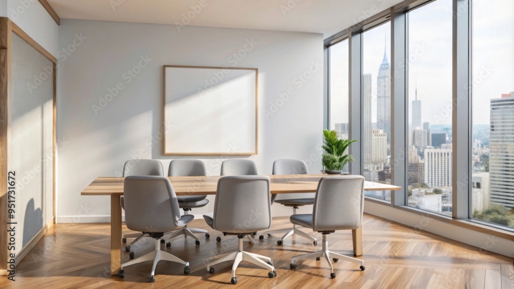 A modern office space features a bright meeting area with a large window offering a clear view of the city skyline. A modern office space features a bright meeting area with a large window offering a clear view of the city skyline.
