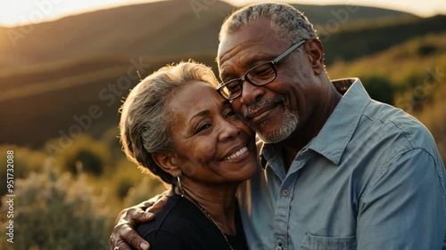 Retirement Bliss: Mature black couple embracing at sunset