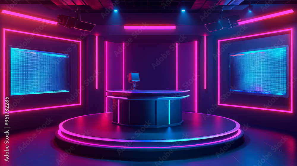 Vector illustration of a news broadcasting studio interior, featuring an anchorman's table on a pedestal, digital screens for video presentations, and neon glowing illumination. Vector illustration of a news broadcasting studio interior, featuring an anchorman's table on a pedestal, digital screens for video presentations, and neon glowing illumination.