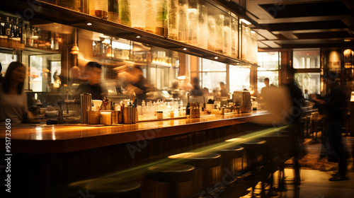 Authentic Izakaya bar with customers in motion of green and yellow brown dynamic light blur vintage style photography