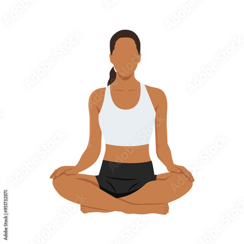 Young woman doing bellow breath or bhastrika pranayama yoga exercise. Flat vector illustration isolated on white background