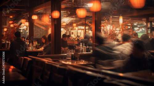 Izakaya interior settings with orange lanterns customers in blur motion long exposure photography background