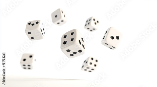 Floating dice, isolated against a white background.