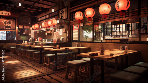 Japanese authentic izakaya wooden interior with warm light motion blur long exposure photography