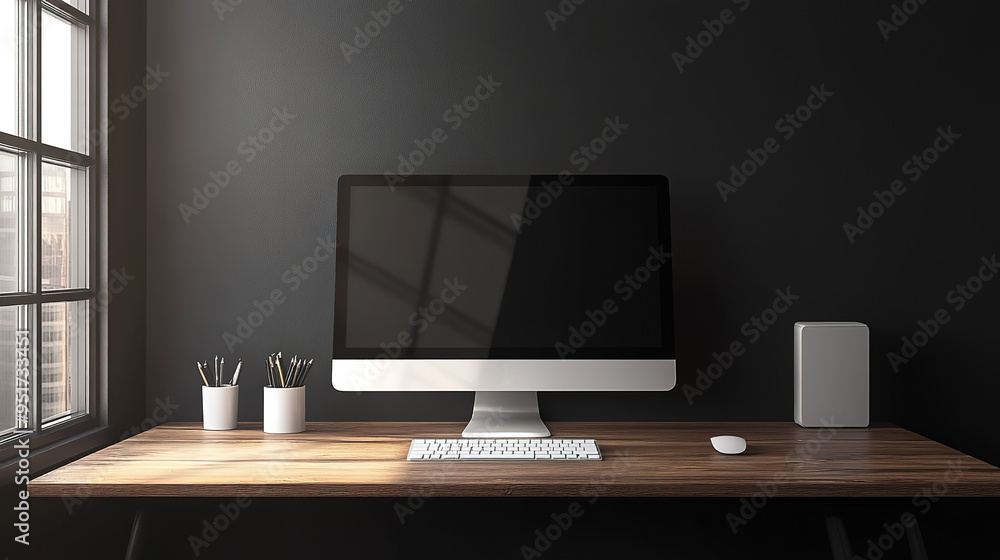 Home office with computer desk, dark design, wooden table. Home office with computer desk, dark design, wooden table.