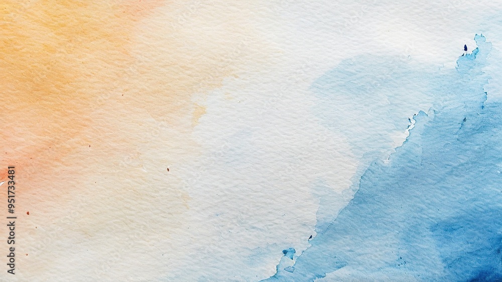 Abstract watercolor background with orange and blue hues blending on white paper.