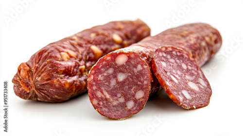 Delicious smoked salami sausage, isolated against a white background.