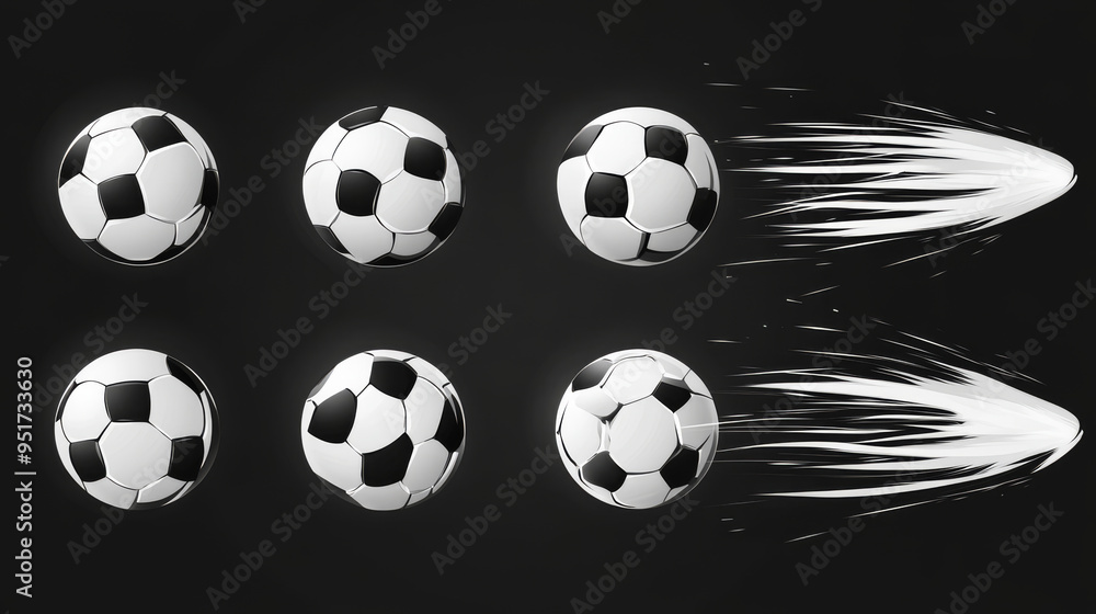 Soccer or football balls with motion streaks in black and white, ideal for sports logos, mascots, and emblems. Soccer or football balls with motion streaks in black and white, ideal for sports logos, mascots, and emblems.