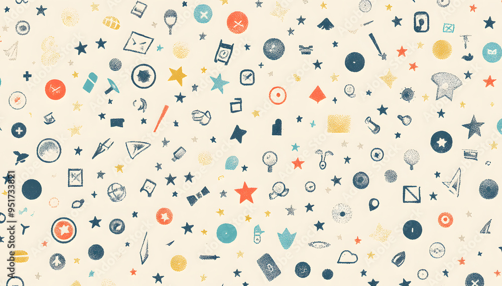 Obraz premium Repeating small icons, like stars, dots, or simple symbols, evenly spaced on a neutral background for a subtle pattern.