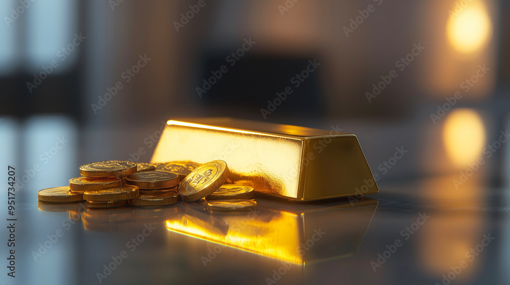 a bar of gold with coins