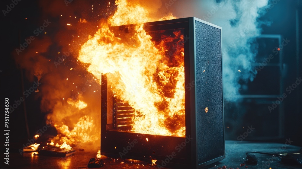 Fototapeta premium A gaming PC tower erupts in flames, thick smoke billowing out as the device is destroyed in an explosive malfunction