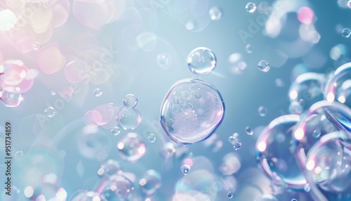 Isolated Soap Oil Bubbles on Watery Background, Shimmering and Translucent