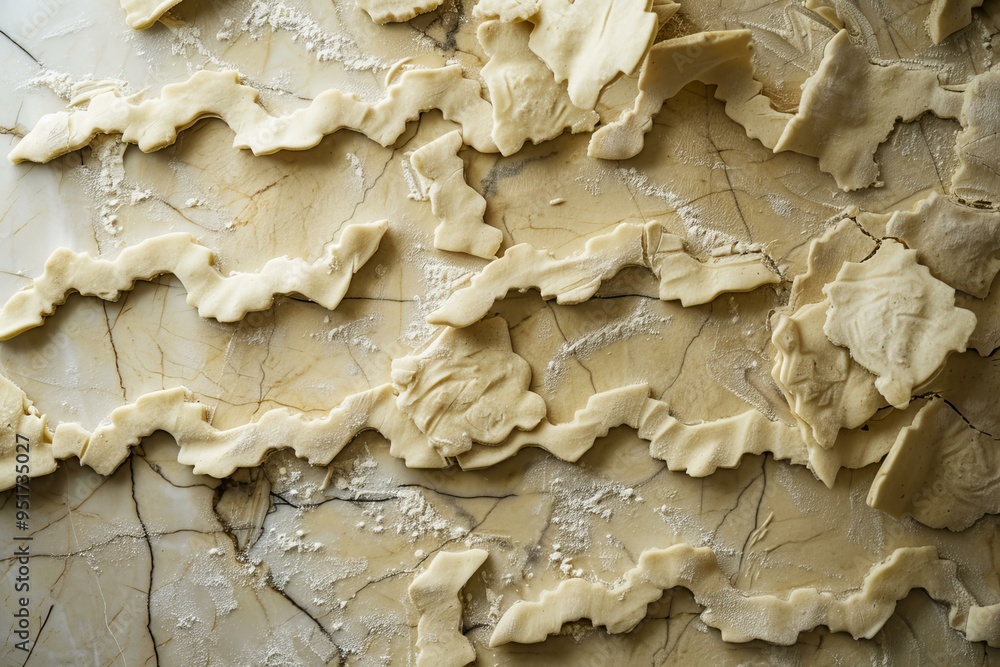 Fresh dough being cut into wavy strips on a marble surface dusted with flour Fresh dough being cut into wavy strips on a marble surface dusted with flour