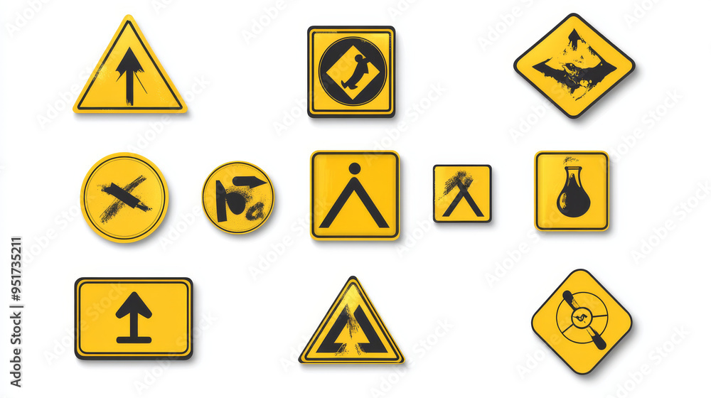 Vector signs and plates for warning, caution, and danger alerts, featuring yellow safety signs for hazard areas. Includes symbols for danger, shock, keep out, caution, and risk zones,. Vector signs and plates for warning, caution, and danger alerts, featuring yellow safety signs for hazard areas. Includes symbols for danger, shock, keep out, caution, and risk zones,.