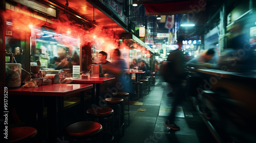 Traditional Izakaya with vibrant cinematic light motion blur trails effect neon photography background