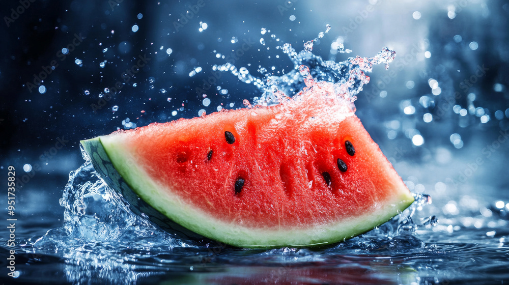 A watermelon slice surrounded by a splash of water, creating a refreshing, liquid effect. A watermelon slice surrounded by a splash of water, creating a refreshing, liquid effect.