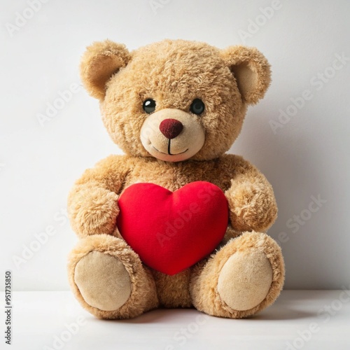 a cute, fluffy teddy bear sitting upright. The teddy bear is light brown in color and has a friendly expression with black eyes and a small brown nose. It is holding a bright red heart in its arms