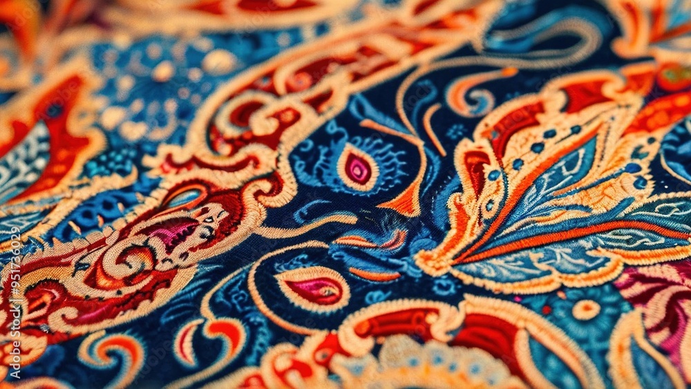 Close-up of a colorful paisley fabric with intricate details and vibrant colors. Close-up of a colorful paisley fabric with intricate details and vibrant colors.