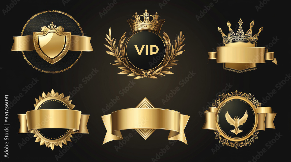 Gold luxury labels and banners, premium quality certificate ribbons, vector badges. Elegant VIP and premium quality sticker tags and banners for top product seals, featuring a golden crown. Gold luxury labels and banners, premium quality certificate ribbons, vector badges. Elegant VIP and premium quality sticker tags and banners for top product seals, featuring a golden crown.