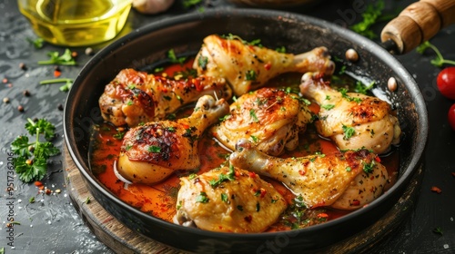 Chicken thighs simmering in a frying pan.