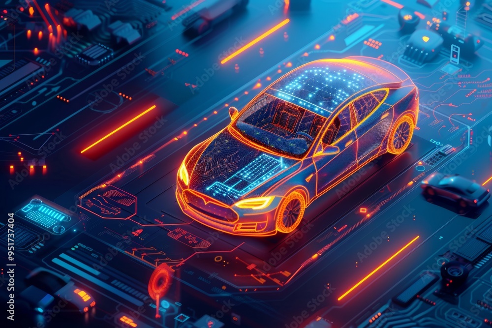 Generate an isometric view with 3D models, a scene of high performance monitoring of a microchip life in electric car, add futuristic look and feel, add data elements to the environment Generate an isometric view with 3D models, a scene of high performance monitoring of a microchip life in electric car, add futuristic look and feel, add data elements to the environment