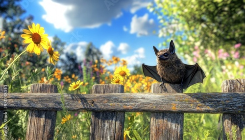 Bat Perched on a Rustic Wooden Fence in a Sunlit Field with Sunflowers