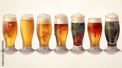 Beer mugs set. Alcohol drink. Different variety Graphic clipart design. Illustration generated by Ai technology