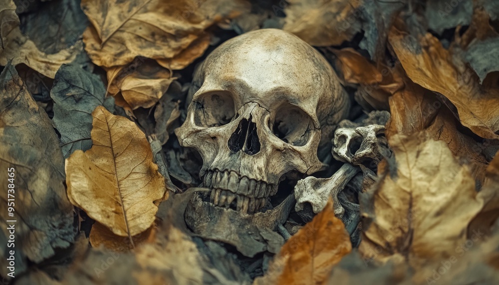 Close-Up of Scary Dead Corpse Skull Partially Buried Amongst Autumn Leaves Close-Up of Scary Dead Corpse Skull Partially Buried Amongst Autumn Leaves
