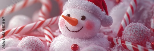 Sweet little snowman with rosy cheeks and a carrot nose, surrounded by candy canes photo