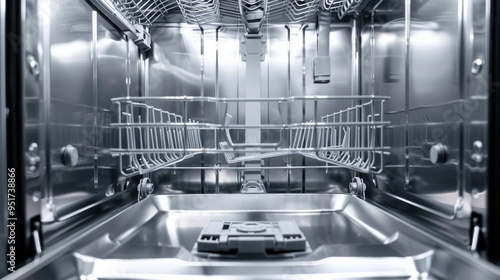 A spotless stainless-steel dishwasher viewed from the inside.