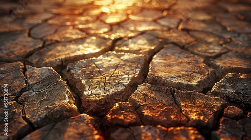 Detailed image of cracked, parched earth in a desert environment. The texture emphasizes the harshness and aridity of the landscape.