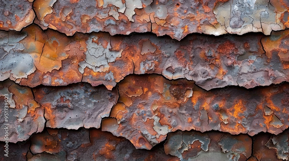 Detailed view of a rusty metal surface, showing the layered and flaky texture caused by oxidation. The image captures the aging process of metal. Detailed view of a rusty metal surface, showing the layered and flaky texture caused by oxidation. The image captures the aging process of metal.