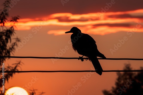 Bird on wire at sunset photo