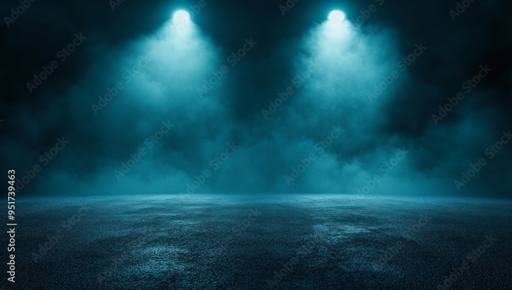 A dark blue abstract background illuminates the concrete floor and studio room with faint smoke moving up the interior texture for display products. A dark blue abstract background illuminates the concrete floor and studio room with faint smoke moving up the interior texture for display products.