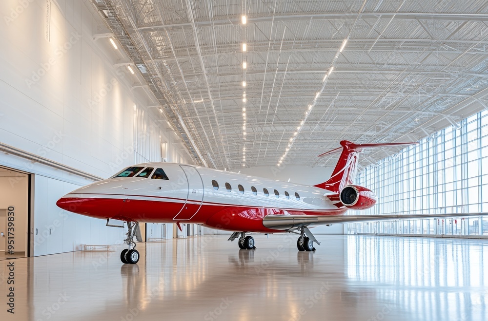 Private jet in hangar with grey floor and white walls Private jet in hangar with grey floor and white walls