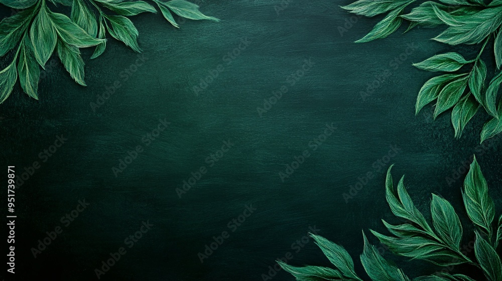 Elegant dark green background with leafy borders, creating a fresh and natural atmosphere. Elegant dark green background with leafy borders, creating a fresh and natural atmosphere.