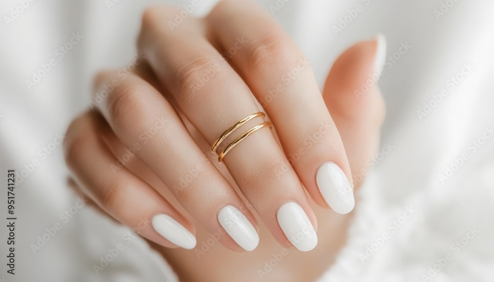 Close-up of a Hand with a Gold Ring and White Nails. Close-up of a Hand with a Gold Ring and White Nails.