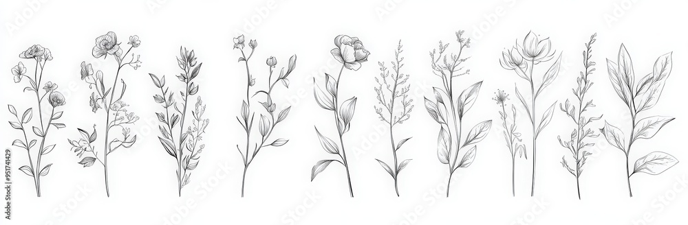 line art collection of botanical plants, flowers, and leaves in a continuous single stroke on a white background. line art collection of botanical plants, flowers, and leaves in a continuous single stroke on a white background.