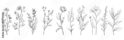 line art collection of botanical plants, flowers, and leaves in a continuous single stroke on a white background. 