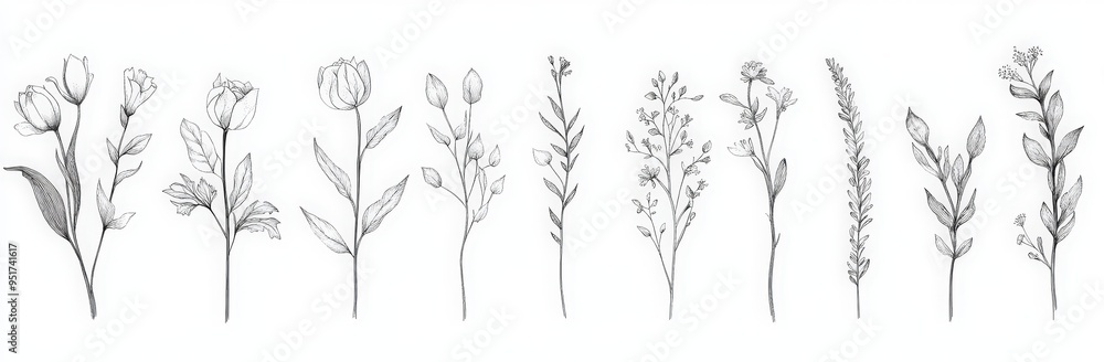 line art collection of botanical plants, flowers, and leaves in a continuous single stroke on a white background. line art collection of botanical plants, flowers, and leaves in a continuous single stroke on a white background.