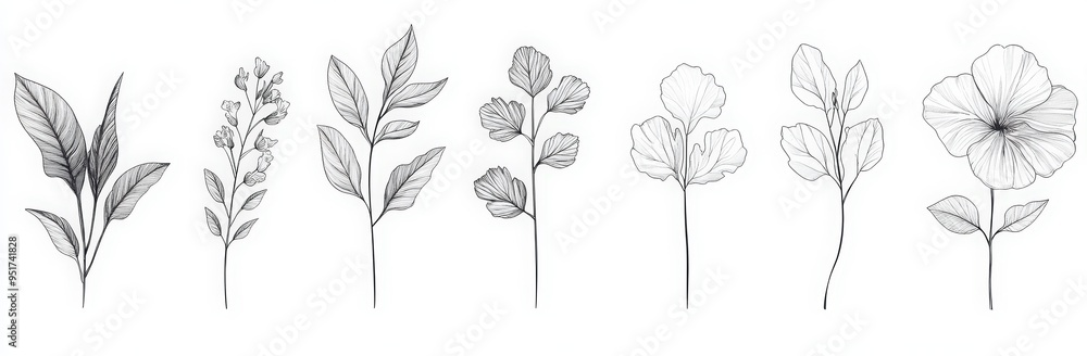 line art collection of botanical plants, flowers, and leaves in a continuous single stroke on a white background. line art collection of botanical plants, flowers, and leaves in a continuous single stroke on a white background.