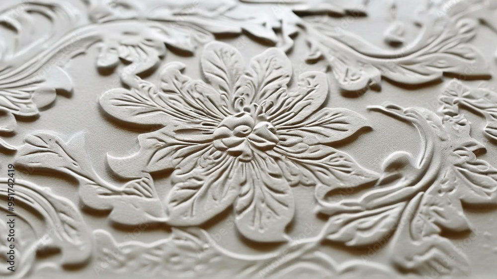 Close-up of an intricate floral embossed pattern on white surface. Close-up of an intricate floral embossed pattern on white surface.