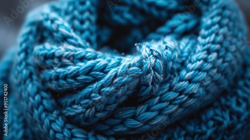 Macro shot of a knitted scarf, focusing on the interlocking yarns and soft texture. The image emphasizes the warmth and comfort of the fabric.